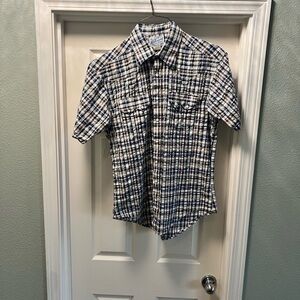 Men's Navy and White Plaid Button-Down Shirt